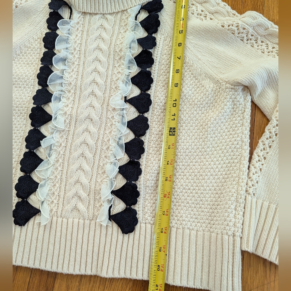 J. Crew Wool Embellished Cable Knit Turtleneck Sweater W/ Lace Detailing Ivory S - Picture 6 of 10
